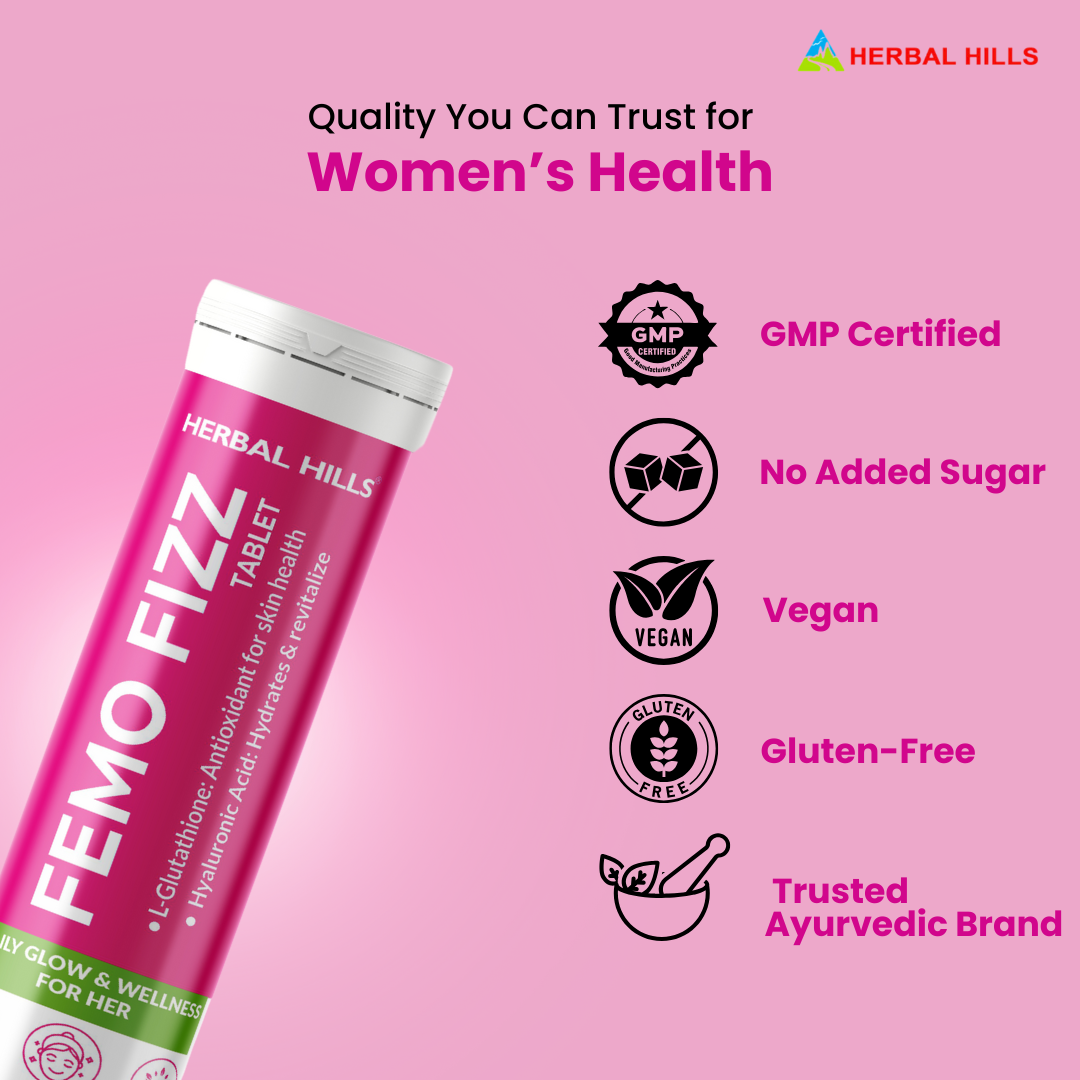 Femo Fizz Effervescent Tablets for Women – L-Glutathione, Hyaluronic Acid, Shatavari – Glowing Skin, Hormonal Balance & Daily Wellness – Strawberry Flavor – 15 Tablets