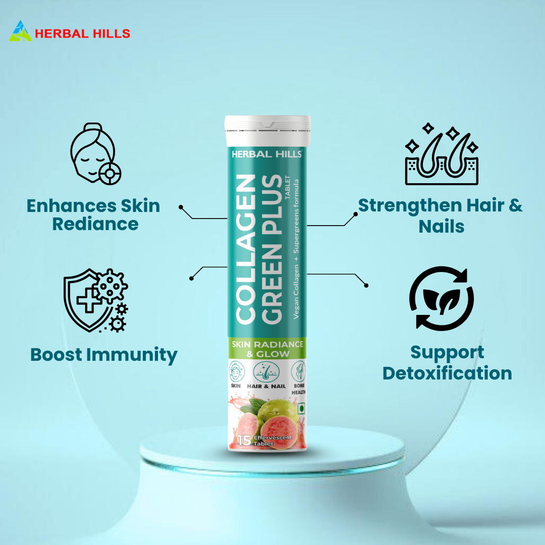 Collagen Green Plus Effervescent Tablets –With Amla, Vitamin C & Supergreens – Boost Skin Glow, Hair Growth, Nail Strength & Detox – Guava Flavor – 15 Tablets