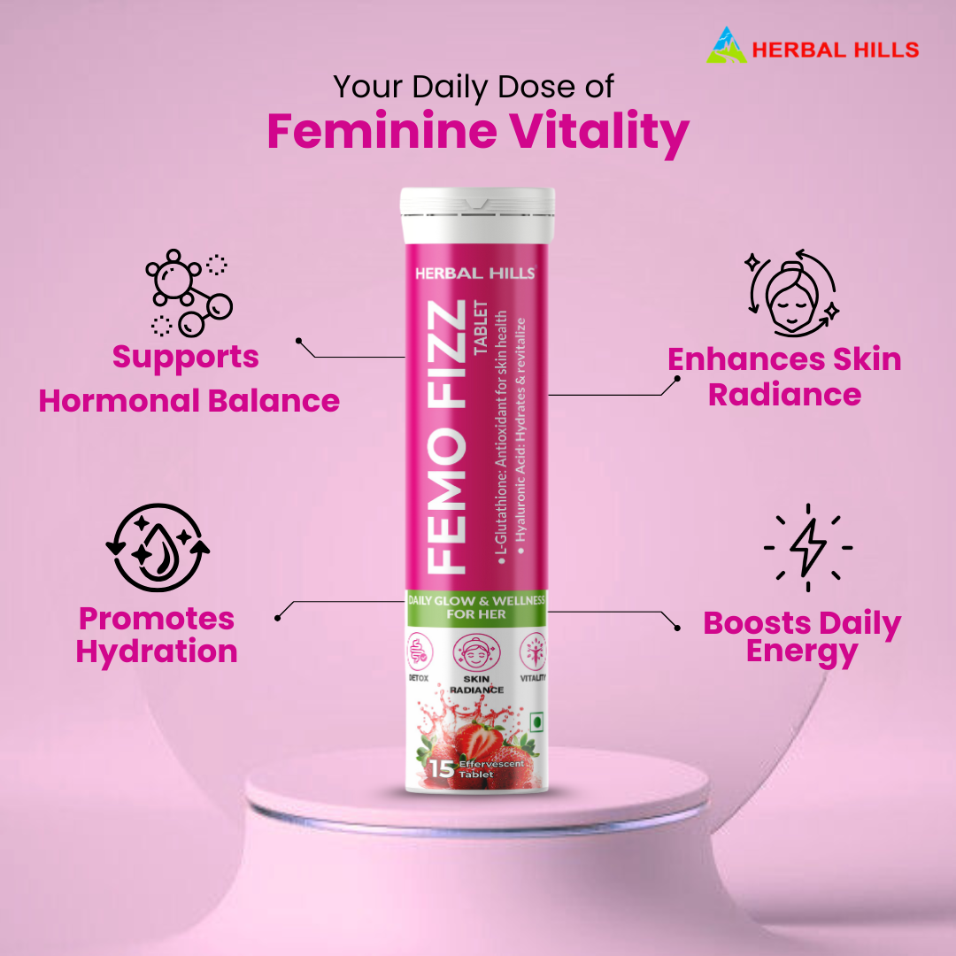 Femo Fizz Effervescent Tablets for Women – L-Glutathione, Hyaluronic Acid, Shatavari – Glowing Skin, Hormonal Balance & Daily Wellness – Strawberry Flavor – 15 Tablets