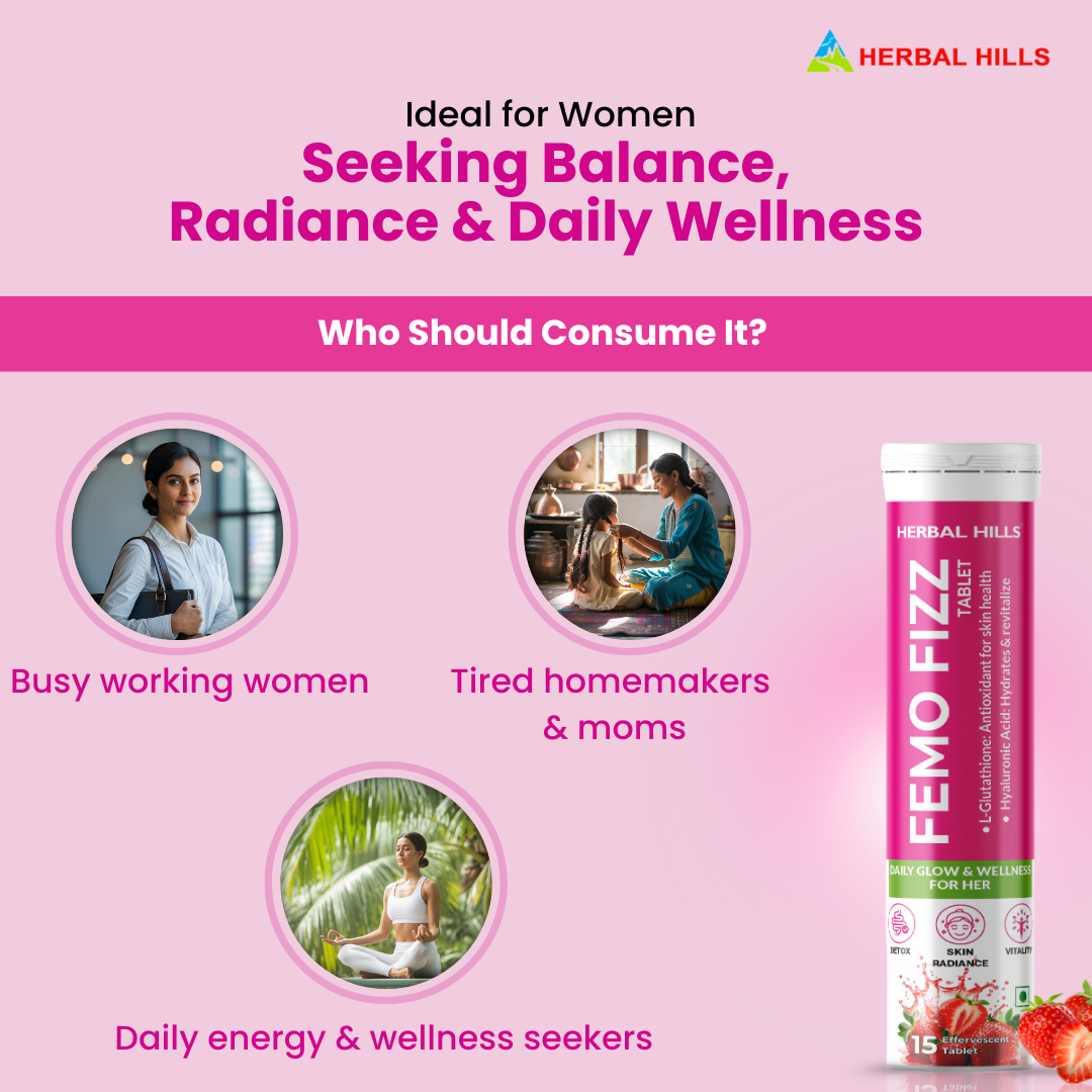 Femo Fizz Effervescent Tablets for Women – L-Glutathione, Hyaluronic Acid, Shatavari – Glowing Skin, Hormonal Balance & Daily Wellness – Strawberry Flavor – 15 Tablets