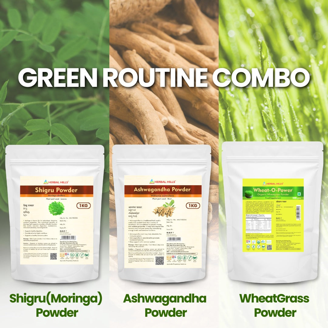Green Routine Combo Offer - Ashwagandha (1 Kg) + Wheatgrass (1/5 Kg) + Moringa Powder(1 Kg) for Strength, Energy and Stamina