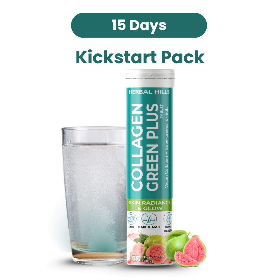 Collagen Green Plus Effervescent Tablets –With Amla, Vitamin C & Supergreens – Boost Skin Glow, Hair Growth, Nail Strength & Detox – Guava Flavor – 15 Tablets