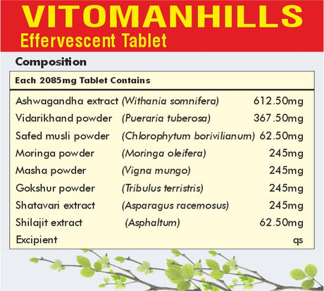 Vitomanhills Effervescent Tablets for Men's health, energy, stamina and immune health - 15 Tablets
