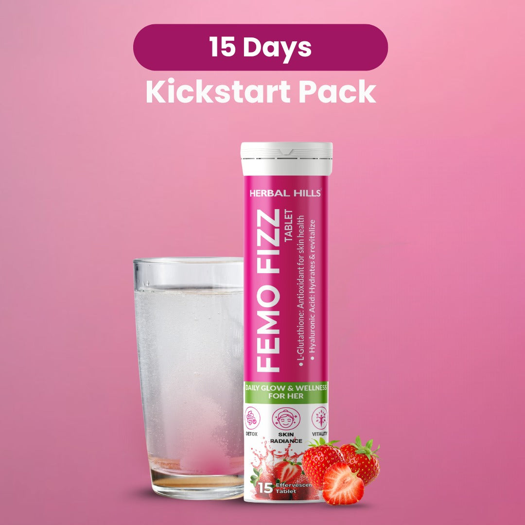Femo Fizz Effervescent Tablets for Women – L-Glutathione, Hyaluronic Acid, Shatavari – Glowing Skin, Hormonal Balance & Daily Wellness – Strawberry Flavor – 15 Tablets